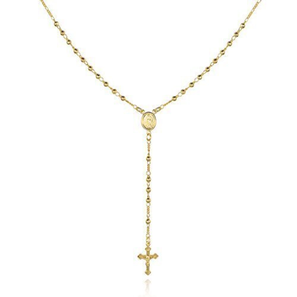 8442 18K Gold Plated Virgin Mary Rosary Bead Cross Necklace - Made In